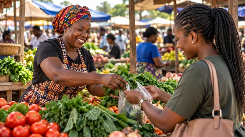 A market trader and customer exchanging produce in a Zambian market.