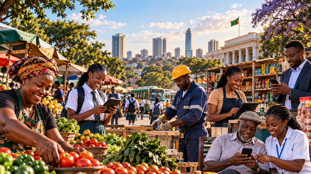 A market trader and a student using a tablet in a lively Zambian market scene.